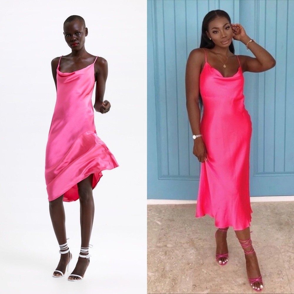 NWT ZARA Pink Satin Cowl Neck Bias Cut Midi Slip Dress Blogger Favorite SIZE XS